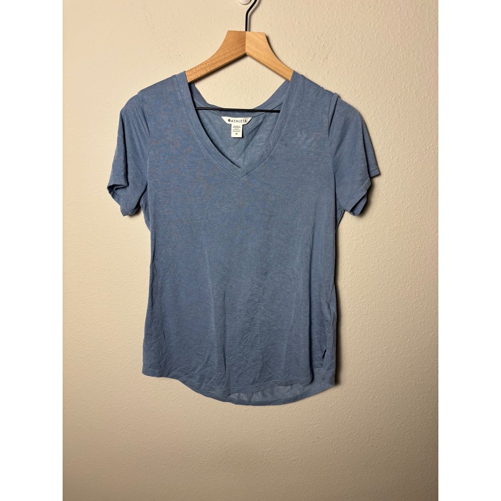 Athleta Breezy Scoop V Tee 404783 Blue Short Sleeve V-Neck Yoga T-Shirt Womens M